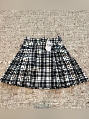 Mango Black & White Plaid Pleated Mini Skirt